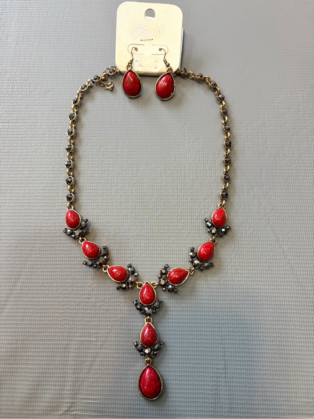 Gold-Tone Red Teardrop Necklace & Earring Set